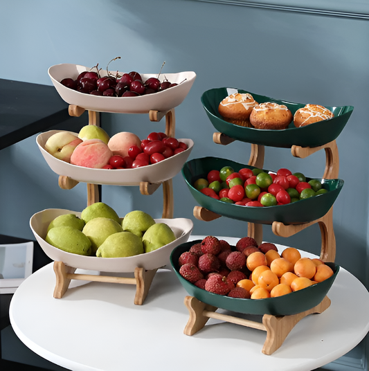 Multi-tiered wooden fruit bowl